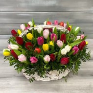 Корзина из разноцветных тюльпанов